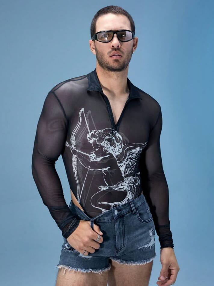 BONGA BOYS Men's Angel Print Sheer Sexy Long Sleeve Bodysuit